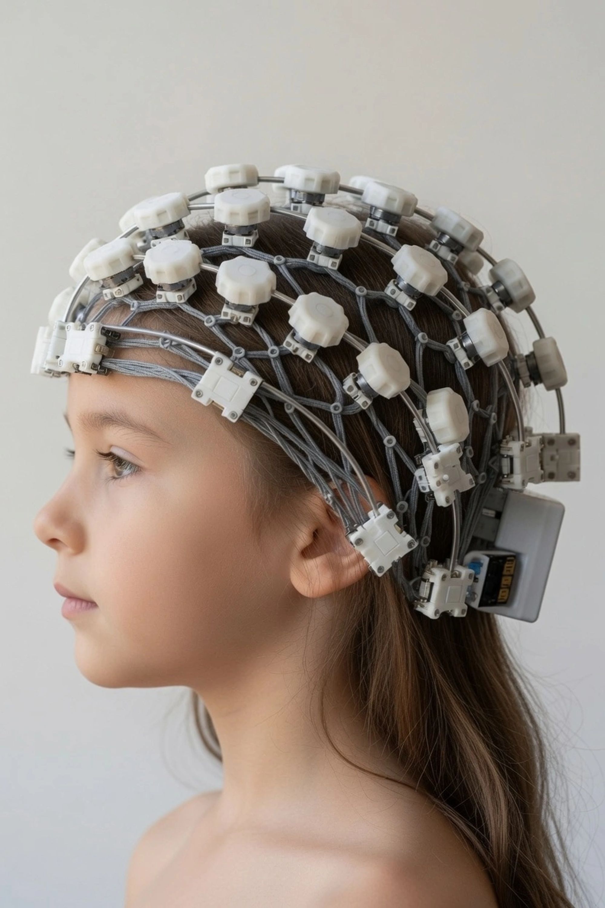 Child wearing the QuietScan helmet while sitting for a gentle scan