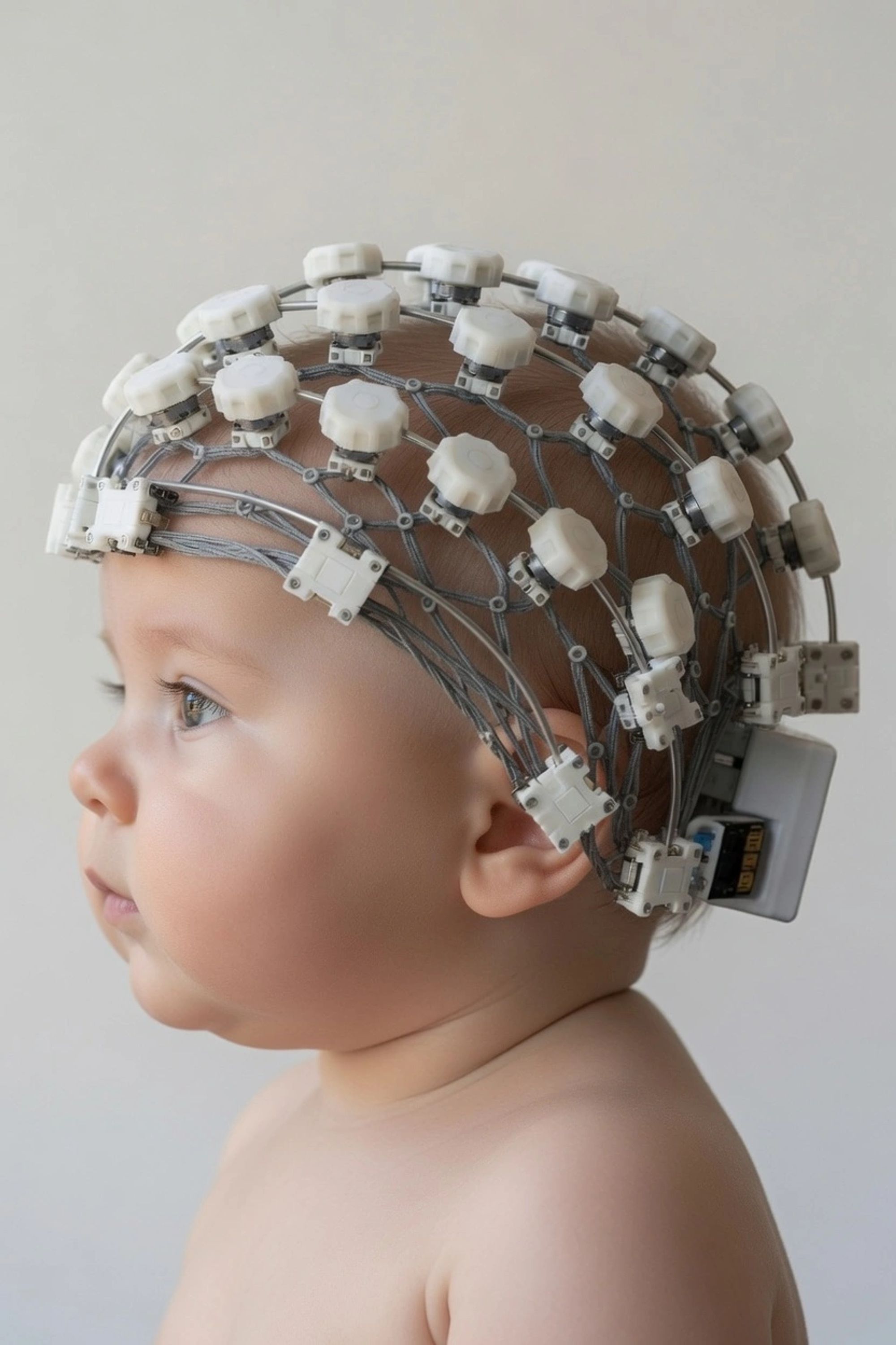 Child wearing the QuietScan helmet while sitting on a parent’s lap